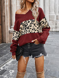 christmas outfit Amfeov Long Sleeves Loose Leopard Split-Joint V-Neck Pullovers Sweater Tops