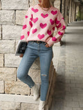 christmas outfit Amfeov Long Sleeves Loose Heart Print Jacquard Split-Joint Round-Neck Pullovers Sweater Tops