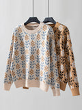 christmas outfit Amfeov Long Sleeves Loose Knitted Flower Split-Joint Round-Neck Pullovers Sweater Tops