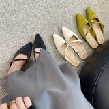 Amfeov Pointed Toe Women Slippers Mixed Solor Color Flat Heels Shallow Slip On Casual Slides Mules Shoes Black Beige Green Slippers