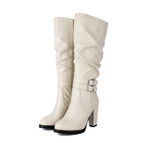 cold weather outfits Amfeov Women Knee High Boots Round Toe Block Heels 9cm Buckles 34cm High 49 48 Vintage Riding Booties