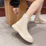 Amfeov Women's Soft Leather Ankle Boots 2024 New Style White Thick Bottom Net Popular Single Layer Petite Short