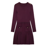 christmas outfit Amfeov Burgundy Elegant Women's Pleated Hem Knitted Mini Dress Fashion O-neck Full Sleeve Slim Vestidos 2025 Female Chic Spring Dresses