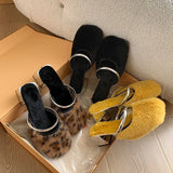 Amfeov Comfortable Soft Fur Mules Slippers Women Autumn Winter Square Heels Warm Plush Slippers Woman High Heel Faux Fur Slides