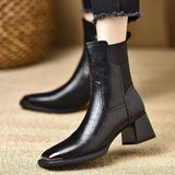 Amfeov Ankle Women Boots Square Toe Leather Shoes Mid Heels Snow Boots 2025 Brand Winter Pumps Chunky Shoes Elegant Chelsea Botas Mujer