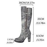 cold weather outfits Amfeov Women Knee High Boots Print Round Toe Block Heels 8.5cm Buckles Zip Extra Big Size US17 49 48 Vintage Riding Booties