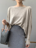 christmas outfit Amfeov Batwing Sleeves High-Low Solid Color Boat Neck Knitwear Pullovers Sweater