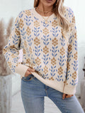 christmas outfit Amfeov Long Sleeves Loose Knitted Flower Split-Joint Round-Neck Pullovers Sweater Tops