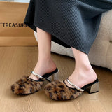 Amfeov Comfortable Soft Fur Mules Slippers Women Autumn Winter Square Heels Warm Plush Slippers Woman High Heel Faux Fur Slides