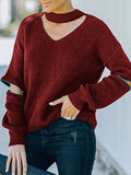 christmas outfit Amfeov Long Sleeves Loose Hollow Solid Color Zipper V-Neck Pullovers Sweater Tops