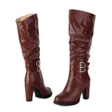 cold weather outfits Amfeov Women Knee High Boots Round Toe Block Heels 9cm Buckles 34cm High 49 48 Vintage Riding Booties