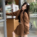 cold weather outfits Amfeov 2024 Autumn New Sensibility Maillard Brown Vintage Leather Jacket With Pleated Skirt Set Women Fashion Dress Set