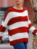 christmas outfit Amfeov Long Sleeves Loose Contrast Color Striped Round-Neck Pullovers Sweater Tops