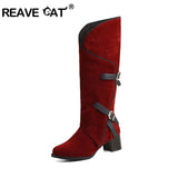 cold weather outfits Amfeov REAVECAT 2024 Women Knee Boots 5cm Heel Wide Leg Round Toe Flock Suede Buckles Black Red Big Size 44 45 46 47