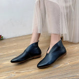 Amfeov Retro Flat Heel Ankle Boots For Women Loafers Slip On Short Boots Luxury Genuine Leather Pointed Toe Casual Lazy Shoes