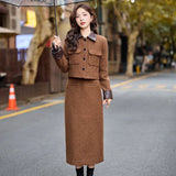 cold weather outfits Amfeov Fashionable Casual Suit Autumn/Winter New PU Leather Patchwork Tweed Style Down Jacket Half Skirt 2-Piece Set Skirt YJ6816