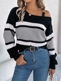 christmas outfit Amfeov Long Sleeves Loose Asymmetric Contrast Color Split-Joint Striped Cold Shoulder Sweater Tops