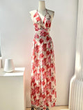 Amfeov Pink Rose Floral V-Neck Long Dress