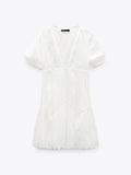 Amfeov New women's French niche fluffy sleeves V-neck waist cut-out embroidery dress