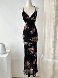 Amfeov Vintage Rose Floral Backless Black Long Dress