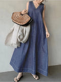 Amfeov Literary Denim Tie Back V-Neck Long Dress