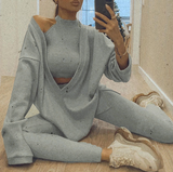 Beyouare Autumn Knit Solid Sets Women Vintage Oversized Sweatshirts V-Neck Long Sleeve Pullover With Crop Top 2 Piece Streetwear