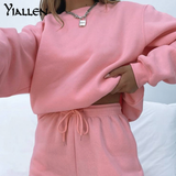 Yiallen Casual Two Piece Set Women harajuku Early Autumn Loose Long Sleeve O-Neck Top+Elastic Waist Sporty Active Casualwear Hot