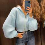 Solid Blue Designer Sweater Warm Winter Turn Down Collar Lantern Sleeve Oversize Casual Knitted Sweater 2022 Ladies Outwear Za