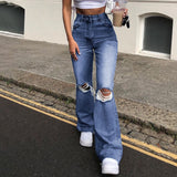 Flare Jeans Women Holes Ripped Jeans Hollow Out High Waist Zipper Fly Denim Blue Black Jeans Wide Leg Pants 2021 Street Style