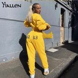 Yiallen Autumn New Casual Solid Two Piece Set Women Flocking Loose Simple Long Sleeve Sweatshirt+Elastic Waist Sporty Pants Hot