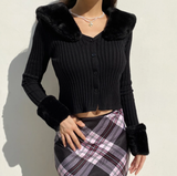 Amfeov 2020 Streetwear Fashion Woman Cardigan Sweaters With Fur Trim Collar Korean Style Casual Female Cropped Sweater Knitted