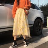 Amfeov Back To School Summer skirt Embroidered Printed Korean floral Gauze skirt Midi long y2k Skirts Womens Maxi skirt High waist  long Tulle skirt