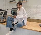 Amfeov 2023 Spring Autumn Women Shirts White Plain Loose Oversized Blouses Female Tops Loose BF Korean Style Blusas Pockets