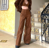 Amfeov Brown Floral Jeans Y2K Retro Denim Pants Baggy Straight Cargo Pants Women Hot Popular Trousers 90S Harajuku Joggers