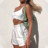 Casual Drawstring Biker Shorts Sets Women Sportswear Halter Crop Top + Shorts Summer Athleisure Outfits Solid Two Piece Set