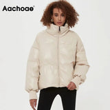 Christmas Gift Aachoae Women PU Faux Leather Parka Coat 2021 Winter Zipper Hooded Padded Jacket Female Long Sleeve Pockets Thick Warm Coat