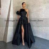 Amfeov High Side Split Satin Prom Dresses Long Pleats Evening Gowns Pockets Feather Formal Women Dress Evening Party Wear