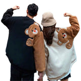 Amfeov back to school 2023 Autumn Harajuku Men Round Neck Sweatshirt Flocking Cartoon Bear Fleece Long Sleeves Hoodies Unisex Couple Matching Outwear