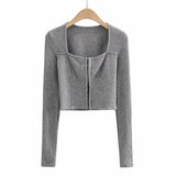 Amfeov Spring Fall New Slim Long Sleeve Short Sweater 2022 Women Vintage Square Collar Sweater Female Korean Sexy Solid Color Knitwear