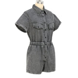 Amfeov Graduation Gifts 2024 Summer Denim Short Jumpsuit Women Lapel Zipper Pockets Elastic Waist Retro Romper Palysuits Solid Overall Ladies England