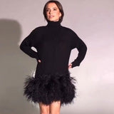 Amfeov Turtleneck Knit Dress Women 2022 Winter Long Sleeve Turtleneck Knit Stitching Feather Dress Bodycon Dress