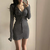 Christmas Gifts Knitting Sexy Dress For Women Deep V-Neck Dresses 2022 Spring Long Sleeve Fashion Clothing Korean Office Lady Pleated