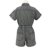 Amfeov Graduation Gifts 2024 Summer Denim Short Jumpsuit Women Lapel Zipper Pockets Elastic Waist Retro Romper Palysuits Solid Overall Ladies England