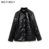 WOTWOY Cotton Liner Winter Leather Jacket Women Thick Windbreakers Casual Loose Warm Padded Coat Female Black Outerwear 2021 New