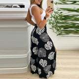 Amfeov Summer Suit Women Solid Cut-Out Tank Top & Tropical Print Split Wide Leg Pants Set