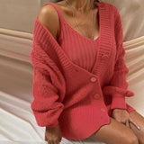 Women's Knitted Dress Sweater Two-Piece Set Fashion Sexy Elegant Camisole Vest And V-Neck Long-Sleeved Knit Mini-Skirt Suit