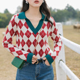 Amfeov-New Vintage Argyle Women's Sweater CHIC POLO Collar Autumn Winter Pullover Sweaters Knitted Christmas Sweaters