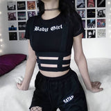 Amfeov Streetwear Punk Hollow Out Black T Shirt Harajuku Goth Letter Print Bodycon Short Sleeve Top Women Sexy Basic Crop Tops