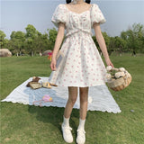 Amfeov 2023 New Summer Floral Print Dress Women Casual Sexy Bandage Ruffles Mini Dresses Girls Sweet Square Neck Dress