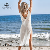 Amfeov  Ivory V-neck Hollow out Cover Up Woman Swimsuit Sexy Side Split Sleeveless Beach Midi Dress 2022 Summer Dress Beachwear